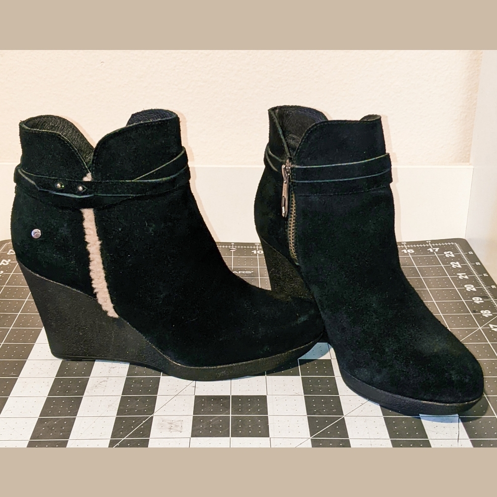 UGG Black Suede Wedge Ankle Boots with Shearling Trim